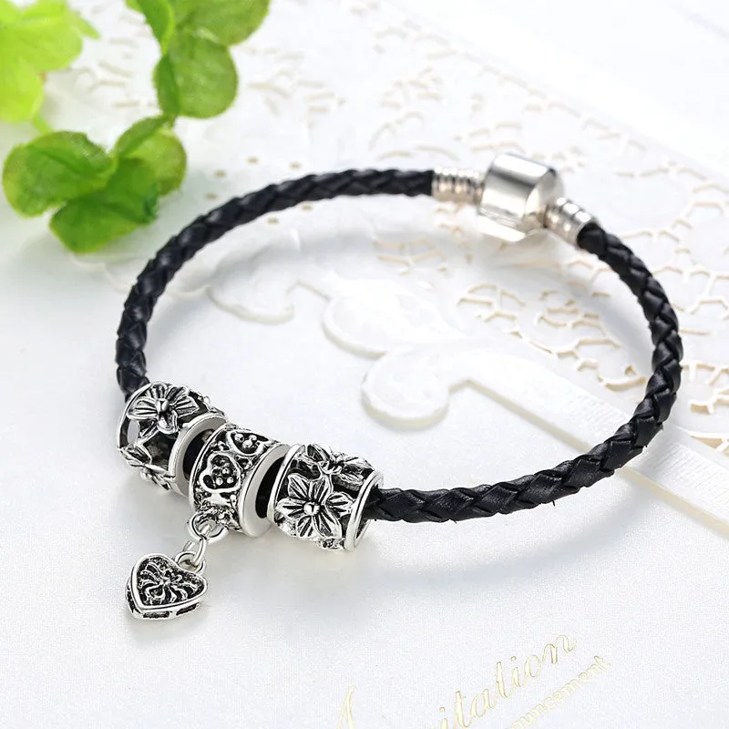 Silver Plated Leather Bracelet For Women Men Charm Fit Original Bracelets & Bangles DIY Jewelry