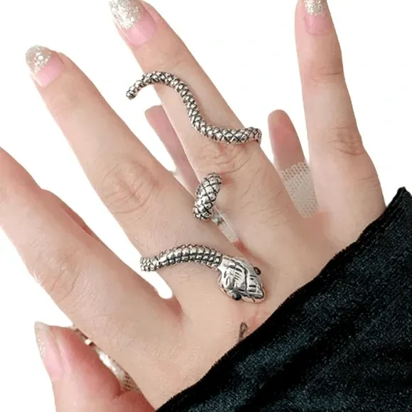 Silver Textured Dual Finger Snake Wrap Open Band Ring