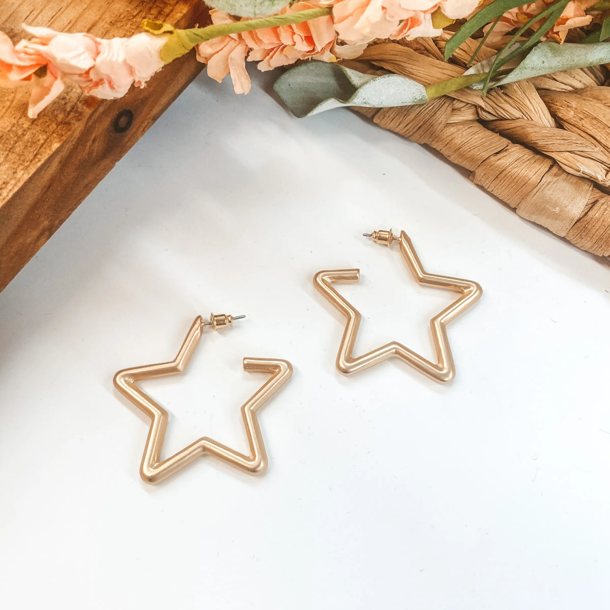 Small Star Hoop Earrings in Matte Gold