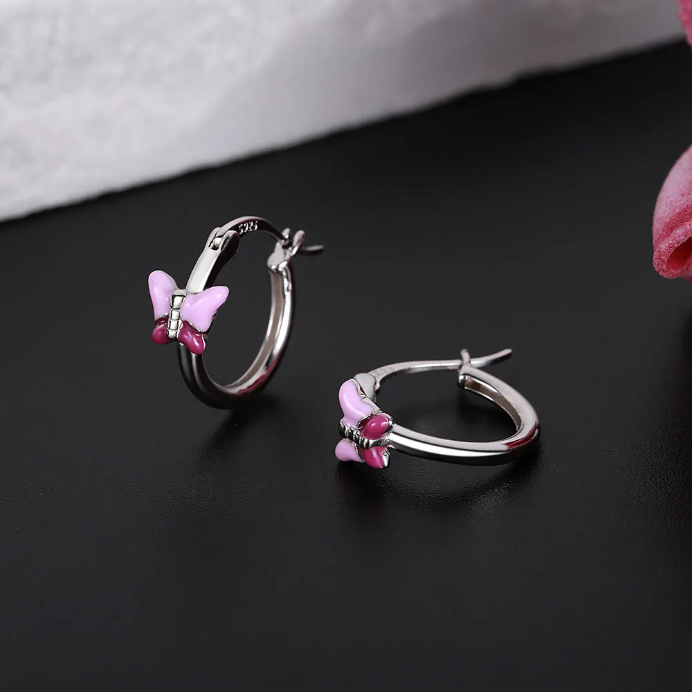 Sterling Silver Pink Lab Opal Butterfly Huggie Hoop Earrings