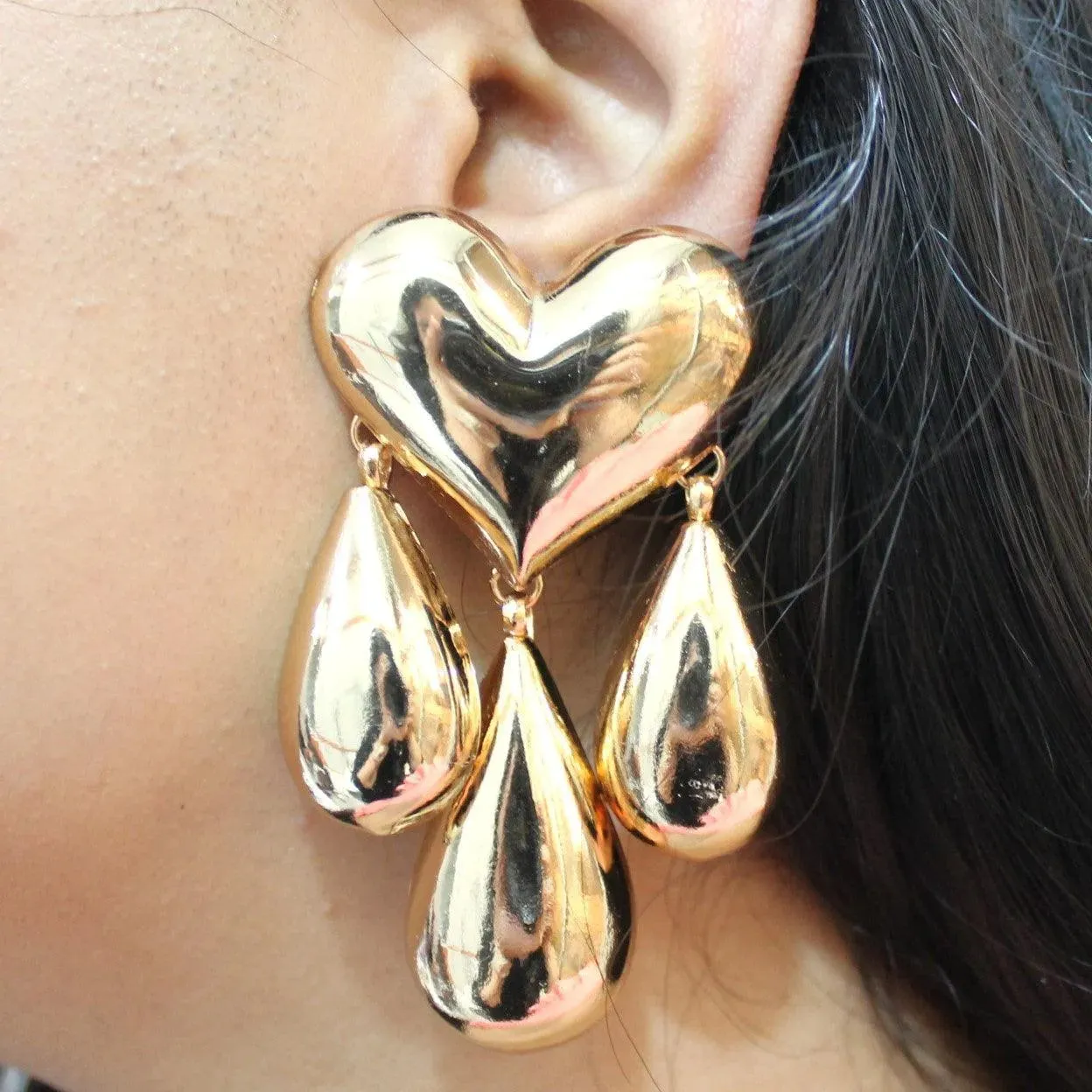 TFC 24K Bold Heart 3 Drop Gold Plated Dangler Earrings