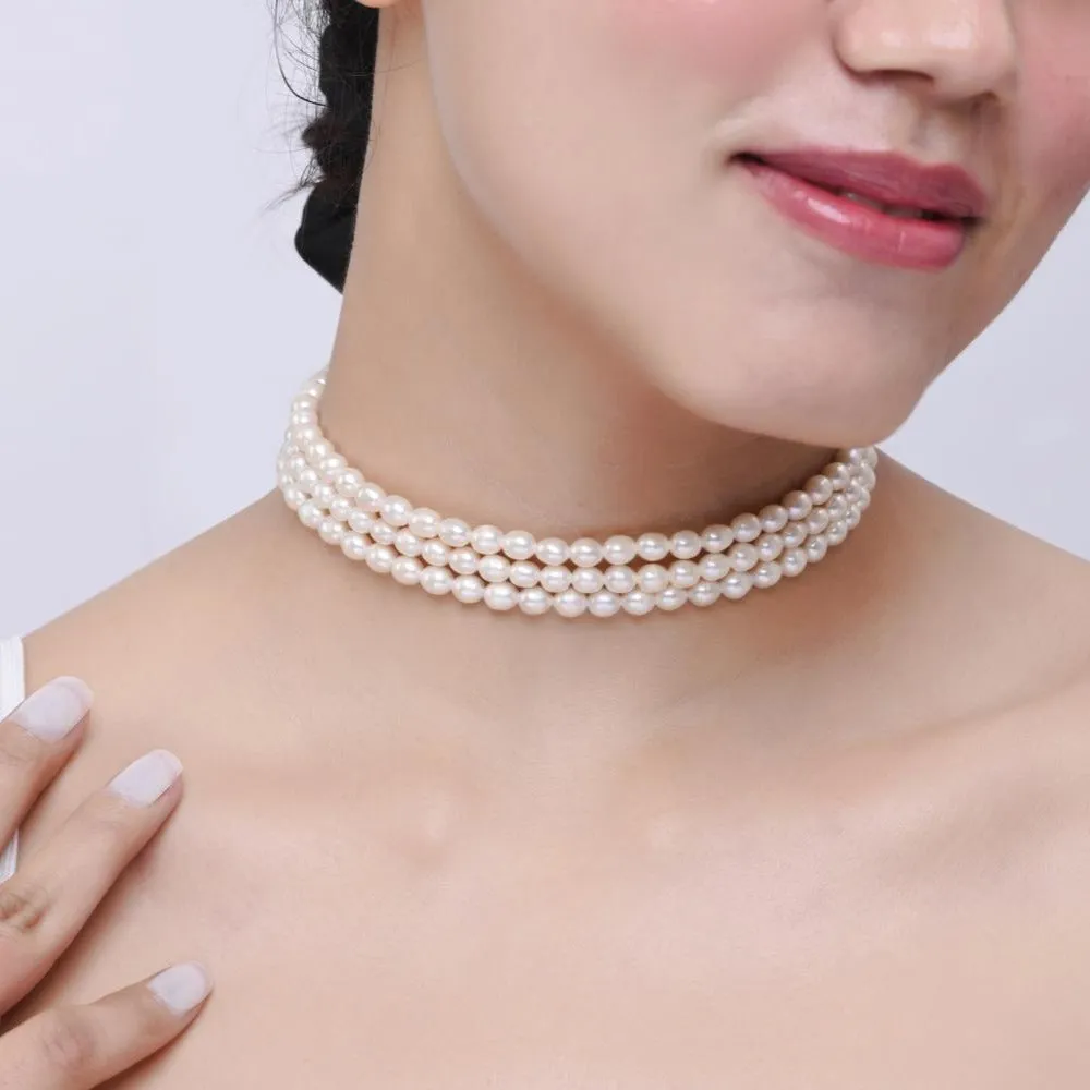 Three layer Natural White Pearl Choker Necklace | 925 Silver - From Purl