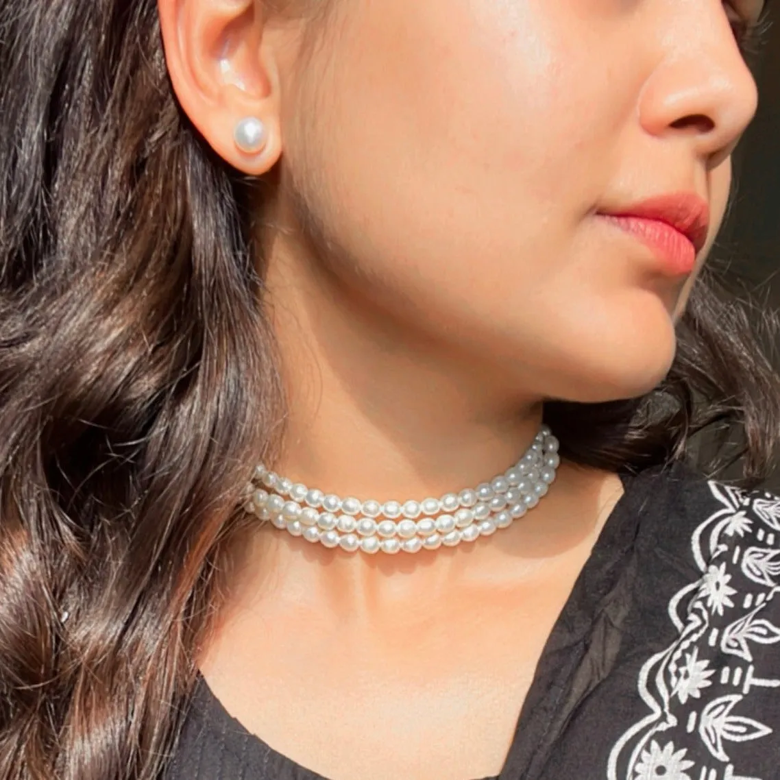 Three layer Natural White Pearl Choker Necklace | 925 Silver - From Purl