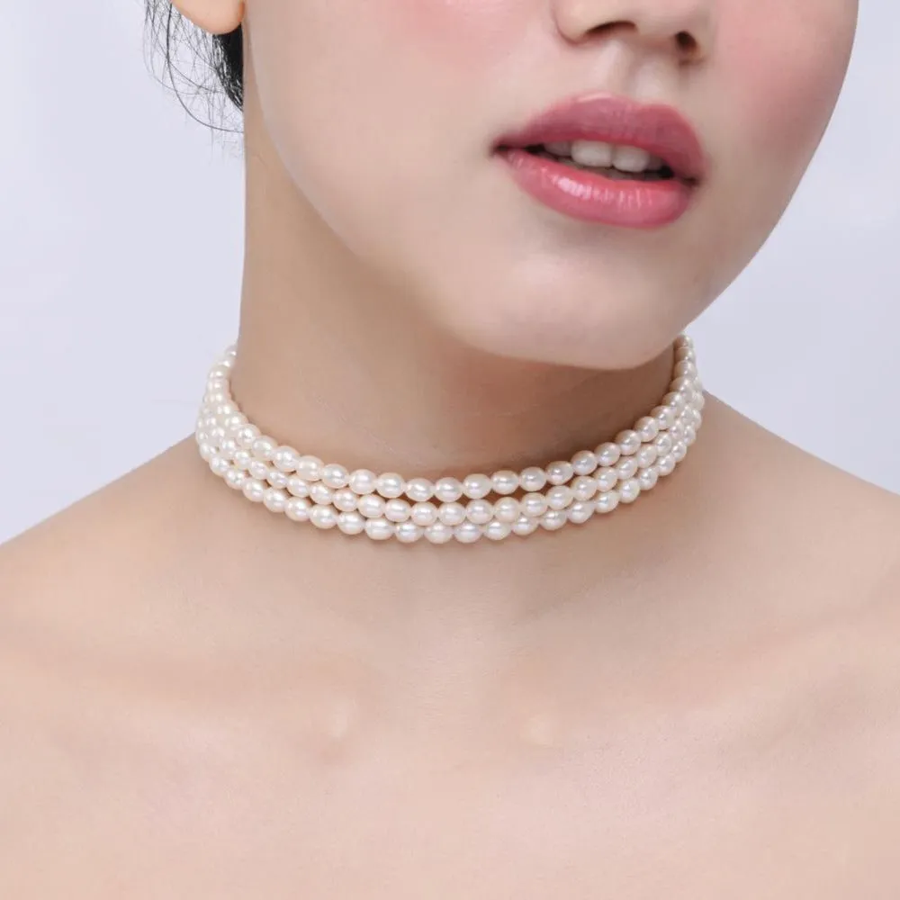 Three layer Natural White Pearl Choker Necklace | 925 Silver - From Purl