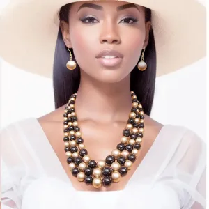 Three Strand Black/Gold Imitation Pearl Necklace Set