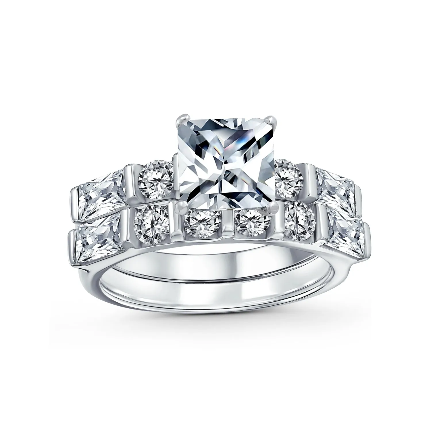 Traditional CZ Baguettes Cocktail Statement Ring with 2CT Princess Cut Solitaire