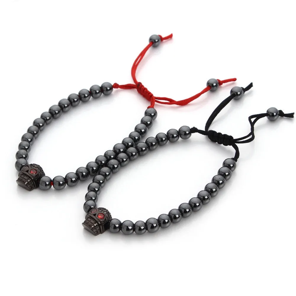 Trendy Black Hematite Stone Macrame Bead Bracelet Female Skull Charms Bracelet & Bangle For Womens Men Adjust Size