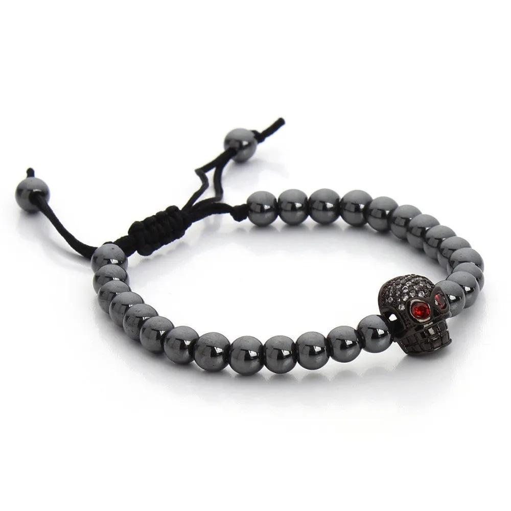 Trendy Black Hematite Stone Macrame Bead Bracelet Female Skull Charms Bracelet & Bangle For Womens Men Adjust Size