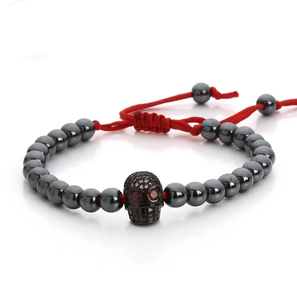 Trendy Black Hematite Stone Macrame Bead Bracelet Female Skull Charms Bracelet & Bangle For Womens Men Adjust Size