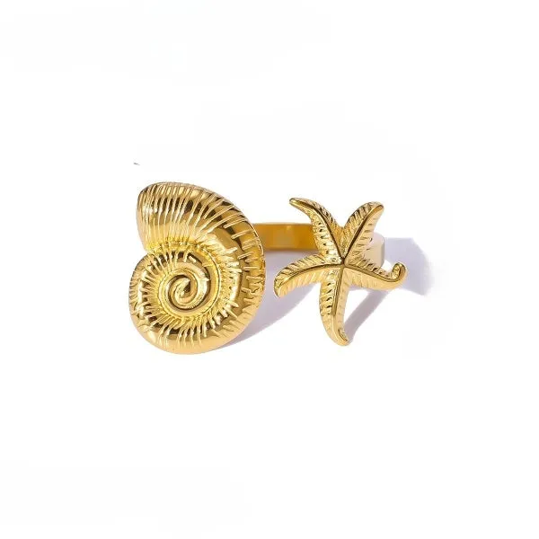 Trendy Style Starfish & Conch Shell Gold Ring JLTR0457