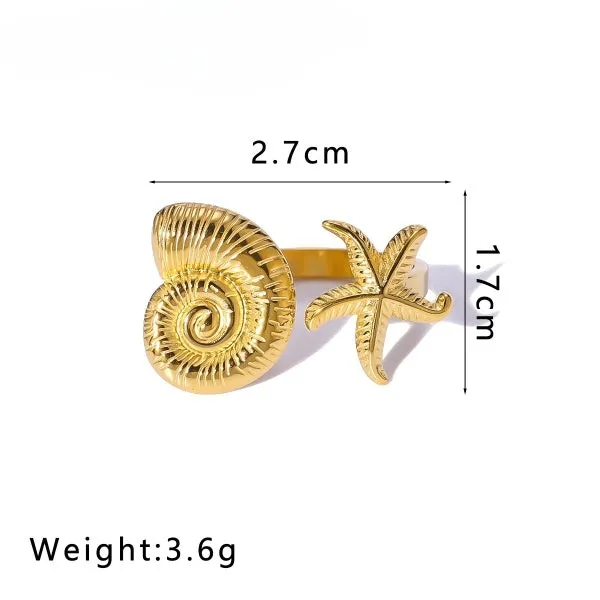 Trendy Style Starfish & Conch Shell Gold Ring JLTR0457