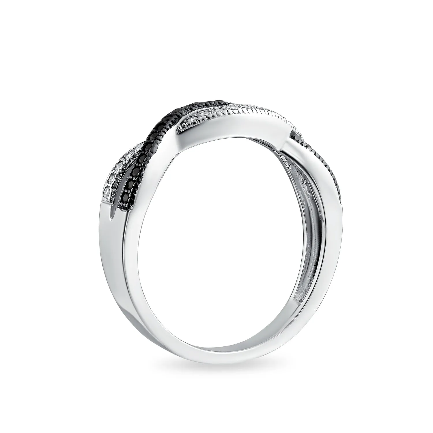 Two Tone CZ Cocktail Statement Ring: Black White Rope Twist Knot Sterling Silver