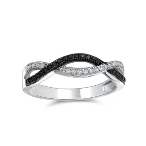 Two Tone CZ Cocktail Statement Ring: Black White Rope Twist Knot Sterling Silver