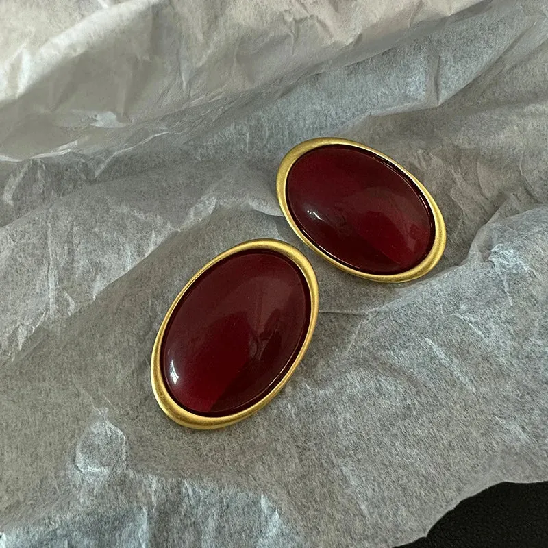 VAIGE Bold Vintage Red Geometric Resin Oval Stud Earrings - Large Statement Jewelry