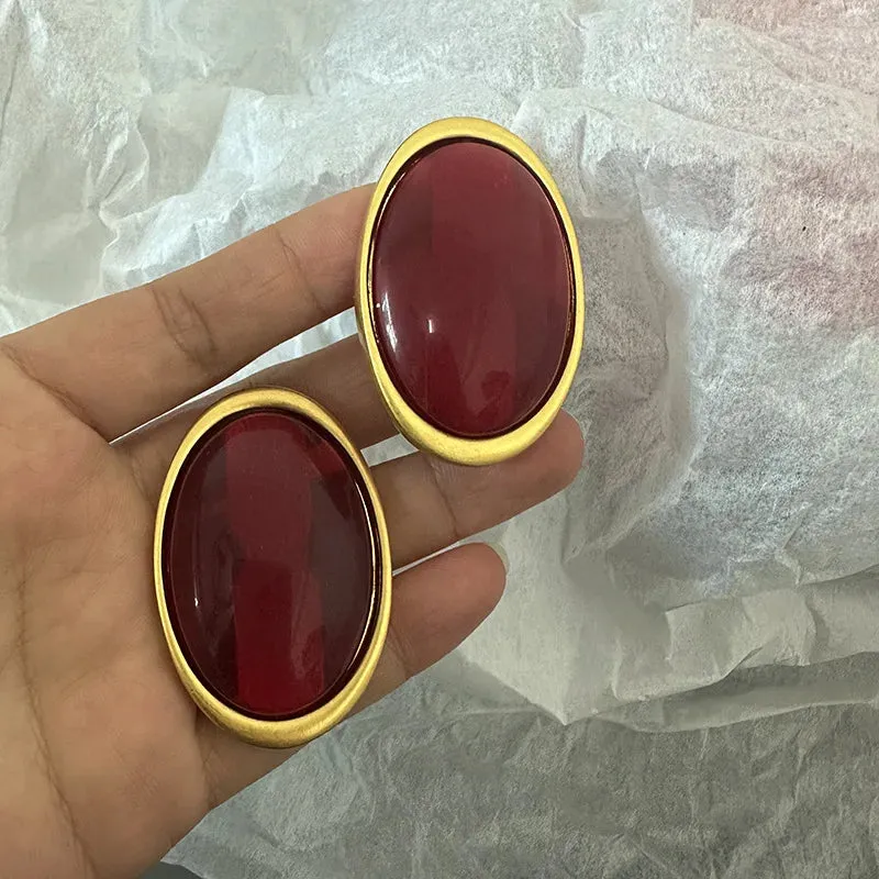 VAIGE Bold Vintage Red Geometric Resin Oval Stud Earrings - Large Statement Jewelry