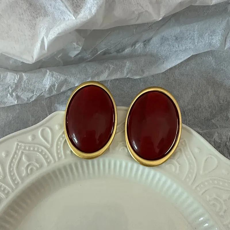 VAIGE Bold Vintage Red Geometric Resin Oval Stud Earrings - Large Statement Jewelry