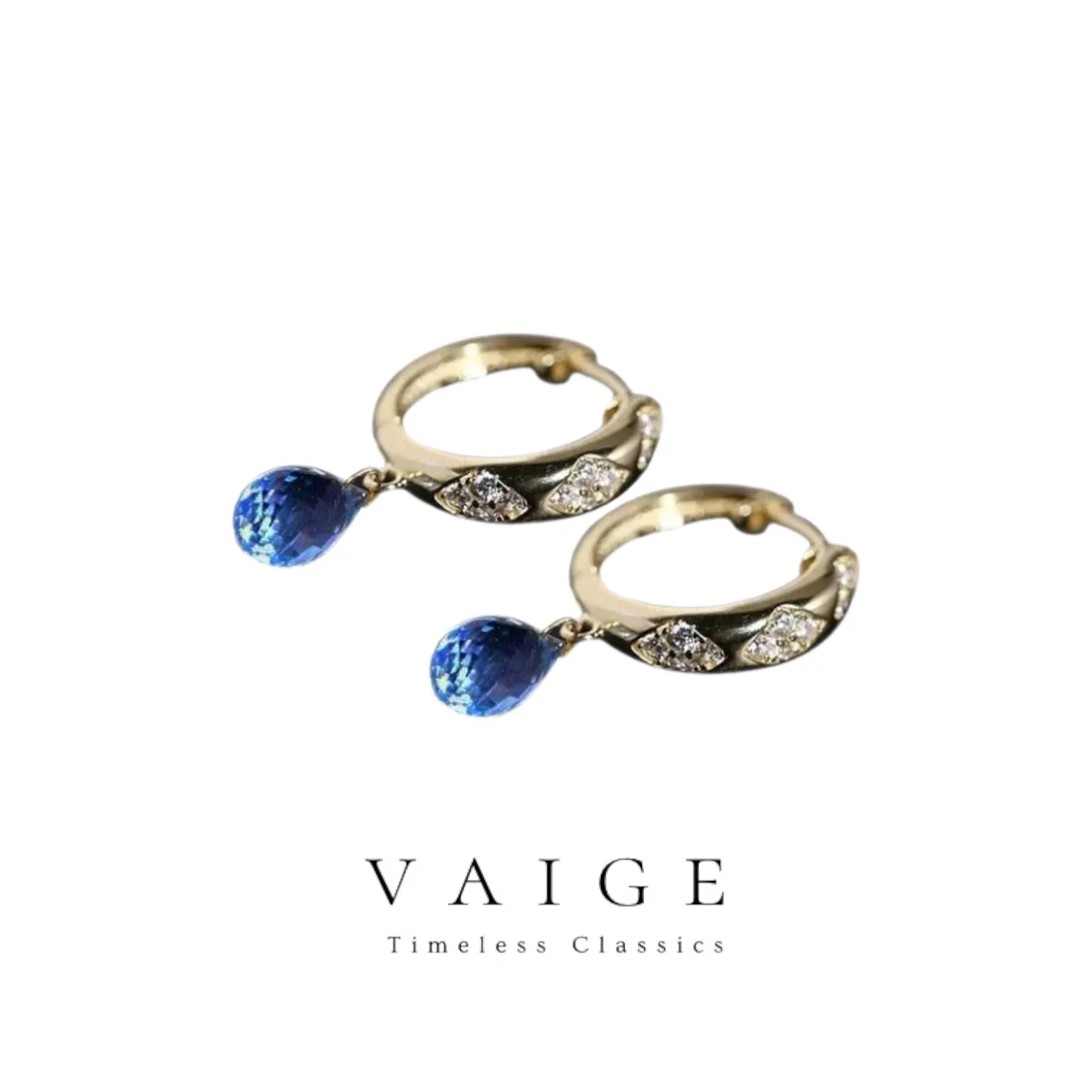 VAIGE Elegant Oval Blue Crystal Drop Earrings with Tourmaline Accents in S925 Sterling Silver and Gold