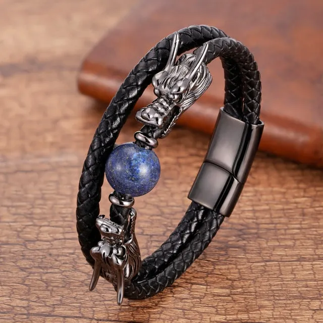 Viking Stone Dragon Bracelet, Stainless Steel/ Leather/ Tiger Eye