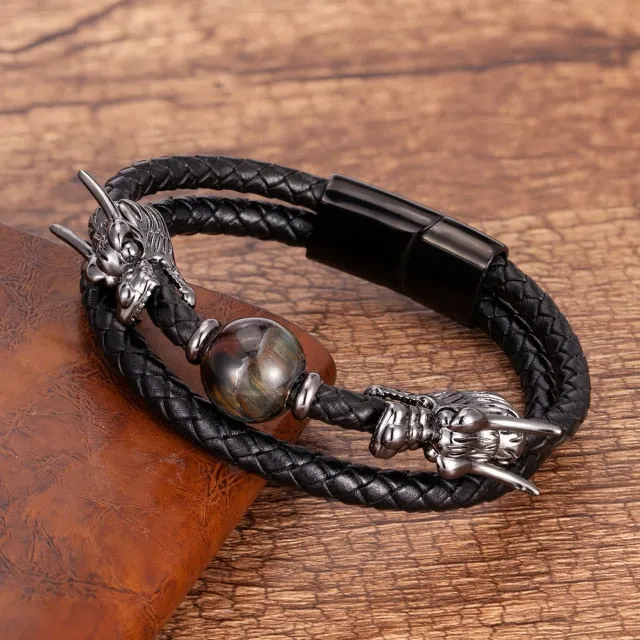 Viking Stone Dragon Bracelet, Stainless Steel/ Leather/ Tiger Eye