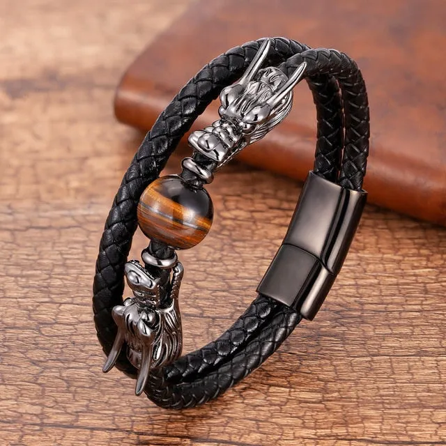 Viking Stone Dragon Bracelet, Stainless Steel/ Leather/ Tiger Eye