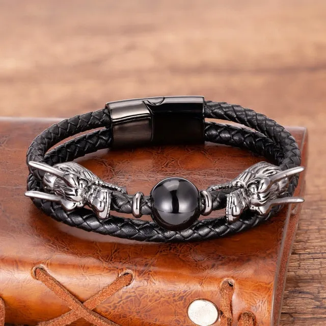 Viking Stone Dragon Bracelet, Stainless Steel/ Leather/ Tiger Eye