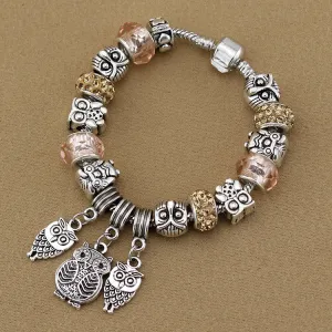 Vintage jewelry Owl Bracelet & Bangles Antique Silver Crystal Beads Owl Charm Pendant Bracelet for Women