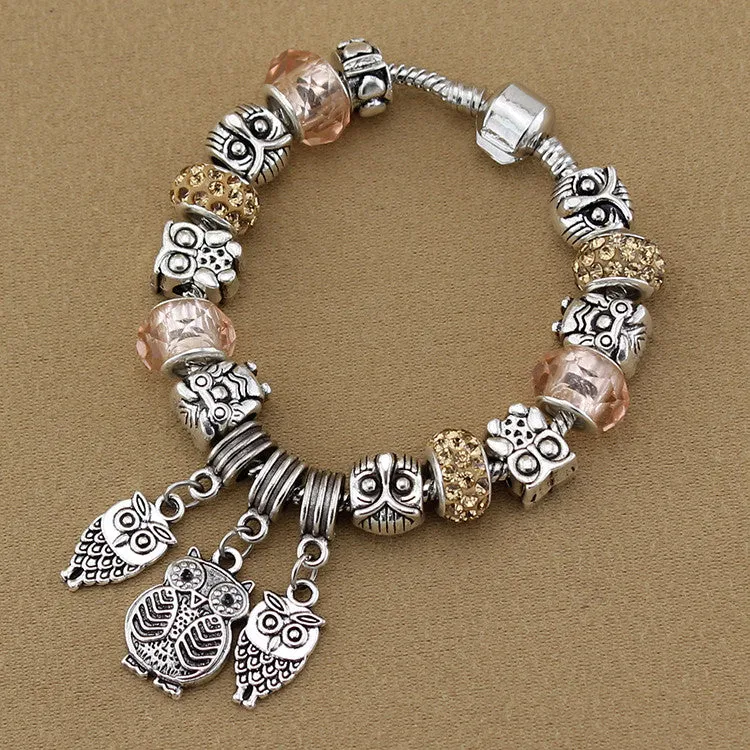 Vintage jewelry Owl Bracelet & Bangles Antique Silver Crystal Beads Owl Charm Pendant Bracelet for Women