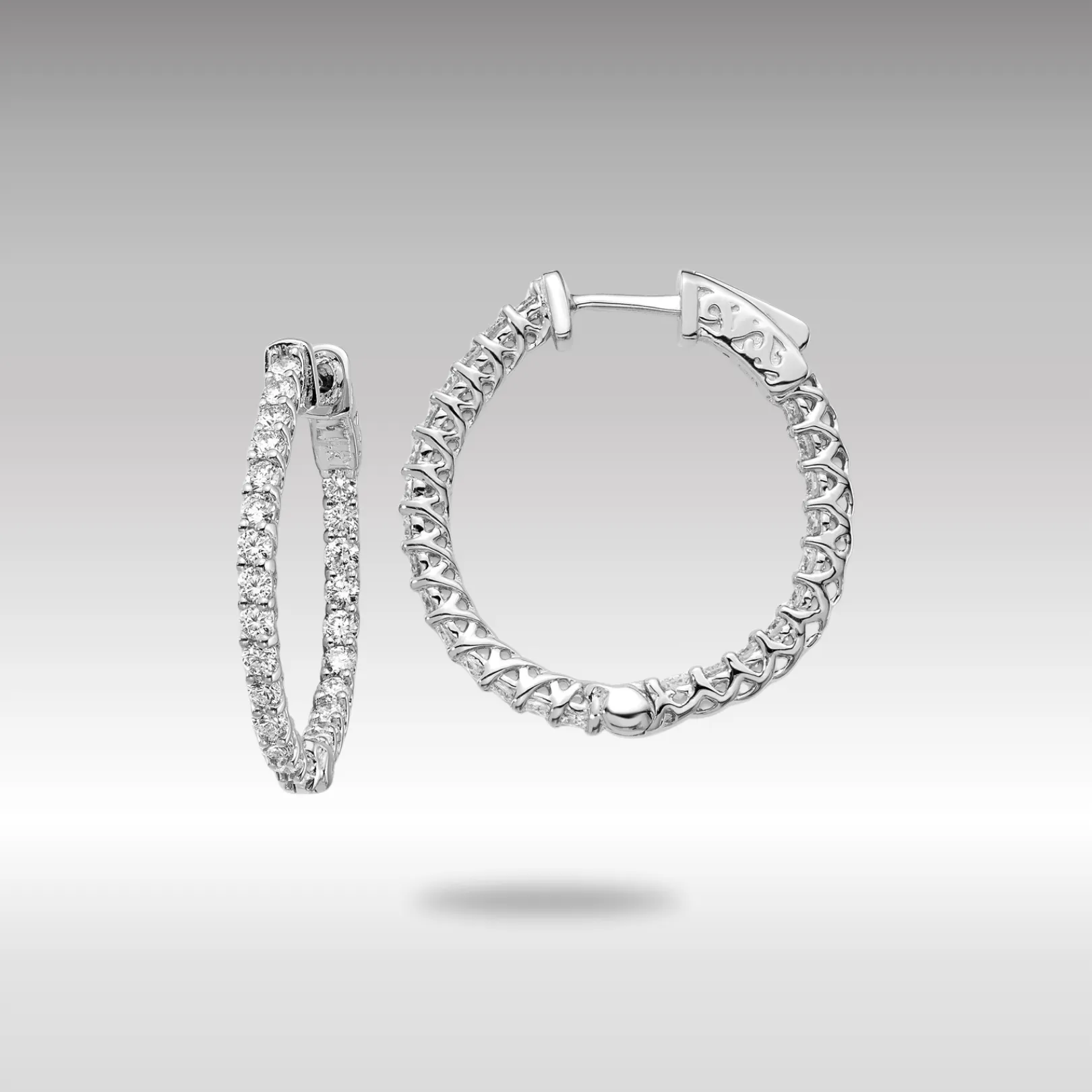 White Gold Diamond Round Hoop with Safety Clasp Earrings - Model XE2003W/VS