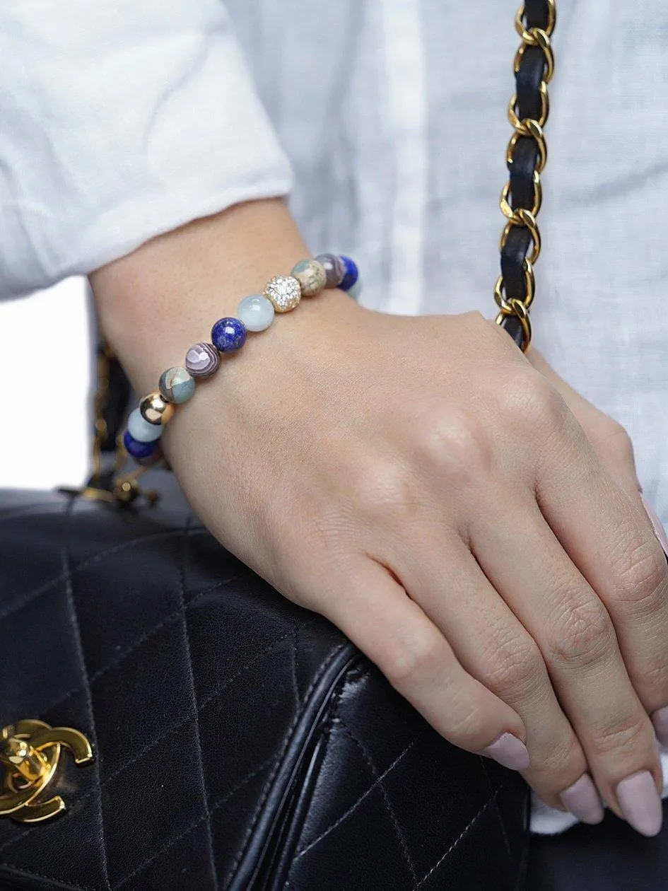 Women's Beaded Bracelet with Aquamarine, Blue Lapis, Opal, and Botswana Agate