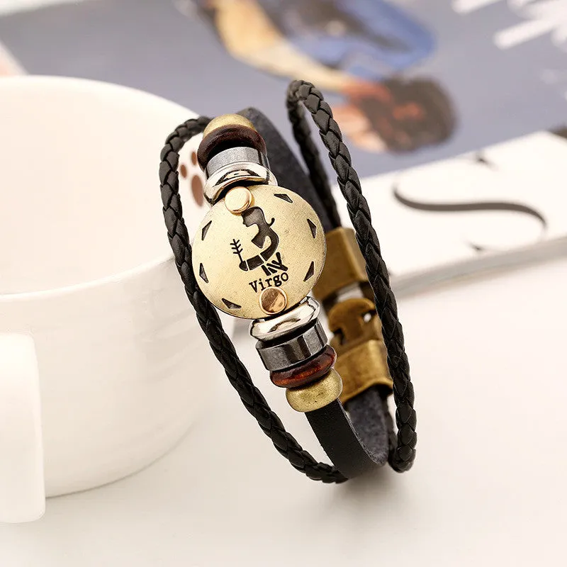 Zodiac bracelet Men vintage bronze Handmade Braid multilayer Genuine Leather Women Wrap Charm Bracelets Bangles Jewelry